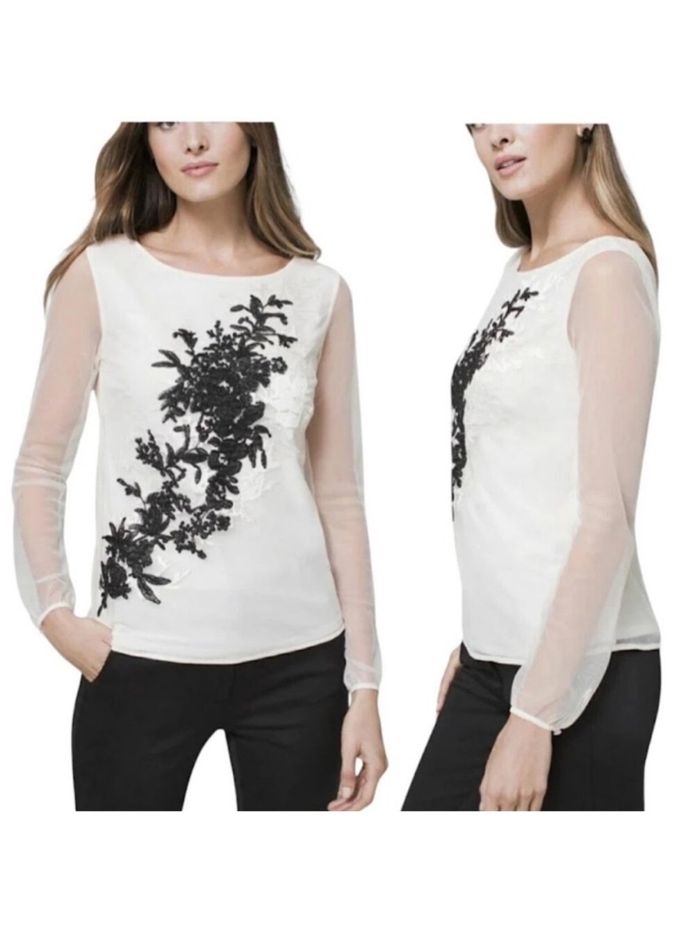 White House Black Market White Sheer Sleeve Top with Black Floral Lace